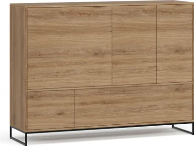 A wooden cabinet with multiple doors and drawers, shown from the front on a light gray background.