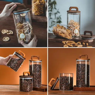 Produktbild von Glas Vorratsbehälter mit Holzdeckel - Luftdicht - Set von 3 - 700/800/1800 ml