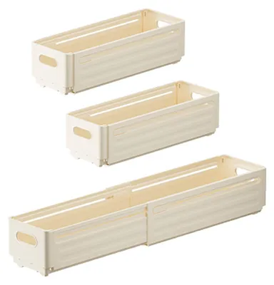 Produktbild von Aufbewahrungsbox aus Kunststoff - 3 Stück verstellbar von 28–48 cm - Organizer für Küche Büro und Bad