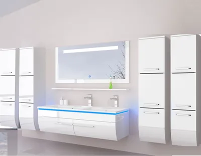 Produktbild von Doppelwaschtisch Badmöbel set Weiss Doppelwaschbecken 240 cm HochglanzDoppelwaschtisch  Badmöbel Set 240 cm Bad möbel Komplett Set IDoppelwaschbecken Weiss incl Led System Fertig Montiert Lackiert 6 Teilig Badezimmer Doppelwaschtisch  Hochschrank Badezimmerschrank Doppelwaschbecken  Weiß Badezimmerschrank MDF Holz Hängeschrank Bad Weiss 240 cm Doppelwaschtisch