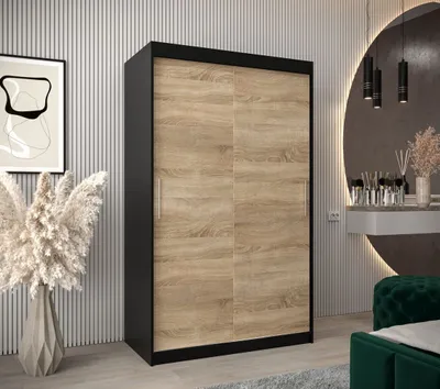 Produktbild von Schwebetürenschrank mit einer Breite von 120 cm TIMEA – Schwarz / Eiche Sonoma