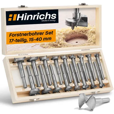 Produktbild von Hinrichs Forstnerbohrer Set mit 17 verschiedenen Bohrern in praktischer Holz Aufbewahrungsbox