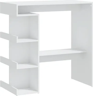 A white bar table with shelves on a white background.