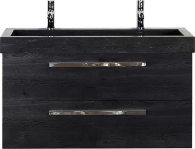 Produktbild von Sanox Badmöbel-Set Seville BxHxT 101 x 58 x 45,5 cm Frontfarbe black oak mit Doppel-Waschtisch Naturstein schwarz Griff