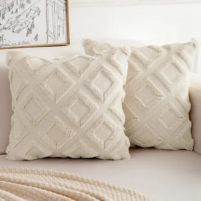 Produktbild von 2er-Set Boho-Kissenbezüge, 50 x 50 cm, beige – Weiche, dekorative Wollkissenbezüge, dekorative Polyester-Sofakissenbezüge, dekorative Kissenbezüge für Sofa und Schlafzimmer