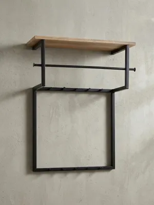 Produktbild von Wandgarderobe aus Massivholz und Metall, 10 Haken, Kleiderstange, Ablage. 60x26x76 cm | Kadima Design