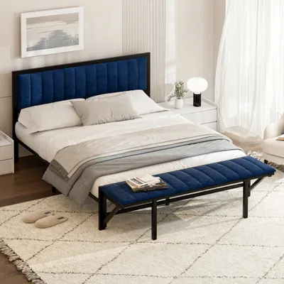 Produktbild von AIORBER Polsterbett, 140x200 cm, mit klappbarem Fußhocker, großer Stauraum, Velours, weich und bequem, Doppelbett, Eisenbettgestell, stabil ,Blau