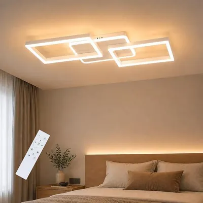 Productafbeelding van Plafondlamp, wit. Plafondlamp voor de woonkamer, 54 cm. Woonkamerlamp, 48W. Plafondlamp voor de slaapkamer, dimbaar met afstandsbediening. Modern design. Metalen plafondverlichting voor slaapkamer, keuken, eetkamer of kantoor