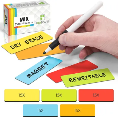 Produktbild von 2DOBOARD Magnetstreifen Beschreibbar - 7,5 cm x 2,5 cm Bunt - 75 Stück - Magnetschilder zum Beschriften für Whiteboard und Kühlschränke - Rot, Grün, Orange, Blau, Gelb
