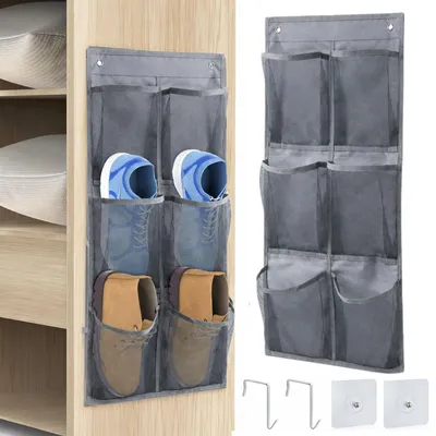 Schuhorganizer, 6 Taschen, 2 Haken, über Tür, grau, Vliesstoff