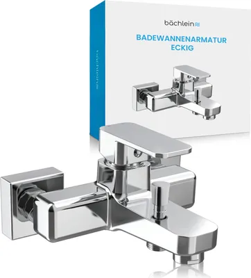 A product shot of a chrome bathtub faucet with its packaging in the background.