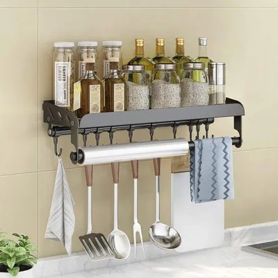 Produktbild von Küchenkräuterkorb für die Wand ohne Bohren, mit Küchenrollehalter und Haken - Edelstahlküchenbrett für Kräuter und Badkabine
