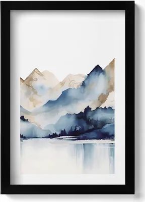 Produktbild von Aquarelllandschaft mit Bergen und See– Wandbild mit Rahmen – Gerahmtes Bild  – Wanddekoration – 20x30 cm – Schwarz