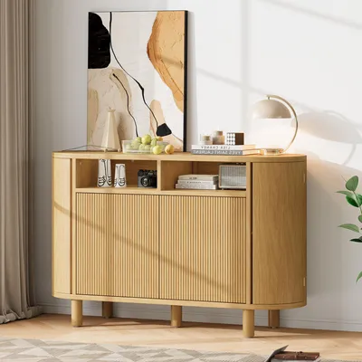 Immagine prodotto di Merax: credenza moderna con due ante ad arco e due ante a scomparsa, ideale per l'ingresso, il corridoio o il soggiorno, credenza, finitura naturale
