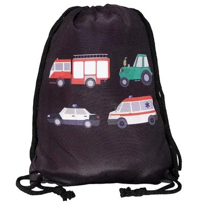 Immagine prodotto di HECKBO Sacca sportiva per bambini con camion dei pompieri, auto della polizia, trattore e ambulanza | Sacca palestra | Asilo, scuola, sport | Nera