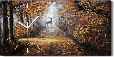 Produktbild von Küchenuhr Bürouhr Leinwand Uhr 60x30 Malerei Wald park Bäume Herbst Hirsche - weiße Hände