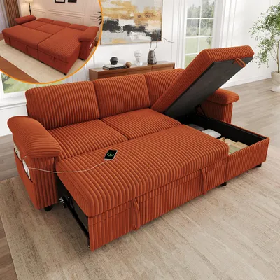 Imagen del producto de Sofá de esquina en forma de L, con función de sofá cama, otomana, puerto USB tipo C, respaldo ajustable, cojines para los reposabrazos, tapizado en tela de cuerda, color naranja