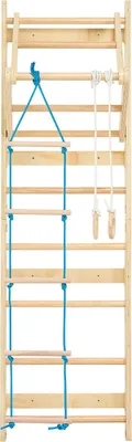Immagine prodotto di SucceBuy Parete di scale svedesi 4 in 1, gioco di arrampicata a 8 gradini in legno massiccio, caricabile fino a 100 kg, struttura di arrampicata per interni con anelli ginnici, barra per trazioni, scala di corda e scala a muro