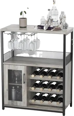 Productafbeelding van Industriële dressoir/buffet met wijnrek – Metaal en MDF – Buffetkast met roedeuren – Grijs – 92 cm