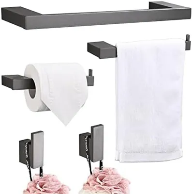 Productafbeelding van PromoHome® 5-delige badkameraccessoireset – handdoekhouder, toiletrolhouder en wandhaken – mat, aluminiumgrijs