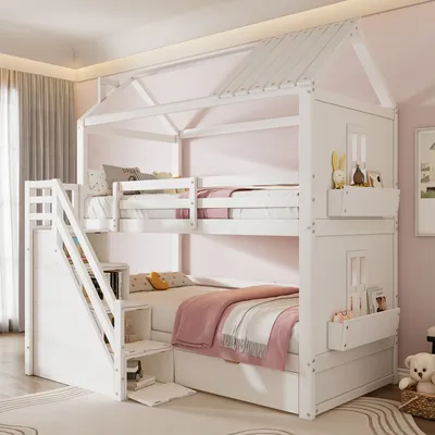 Produktbild von Hochbett 90×200cm, Hausbett mit 1 Schubladen/2 Aufbewahrungskörbe/Ablageregal/Treppen Etagenbett mit Lattenrost Rausfallschutz, ohne matratze, weiß