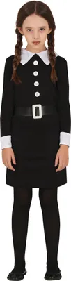 A young girl wearing a black dress costume with a white collar and cuffs, and a black belt with a white buckle.