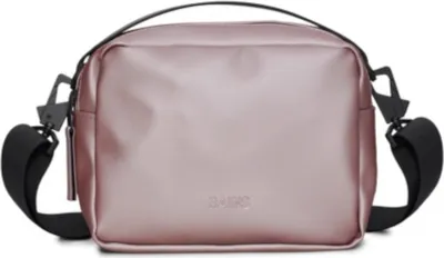 A studio shot of a metallic pink Rains Box Bag W3.