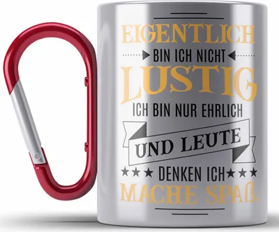 Produktbild von Trendation - Ich Bin Eigentlich Nicht Lustig Edelstahl Tasse Karabiner mit Spruch Geschenk Kollegin Kollege Sarkasmus Karabiner Edelstahl Tasse Karabiner Edelstahl Sprüche (Rot)