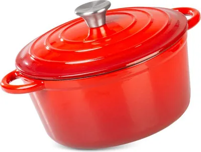 A red cast iron pot with a lid and a silver handle, isolated on a white background.
