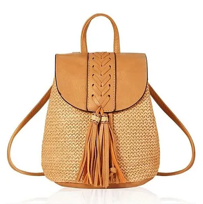Produktbild von Omgoods – Bohemian Rucksack aus Rattan mit Fransen, braun, für Damen