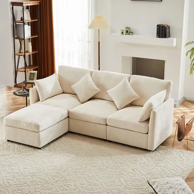 Produktbild von okwish Ecksofas，Viersitzer-Sofa，Chenille-Stoffsofa mit Fußhocker,L-förmiges Sofa，geeignet für Wohnungen，Beige
