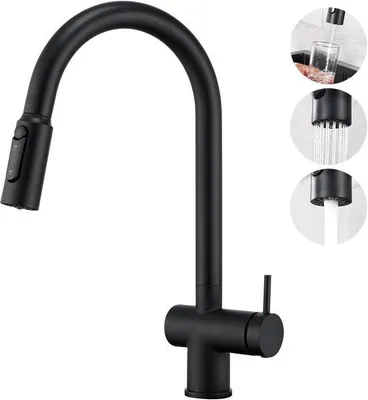 Obrázok produktu pre Uniqoos® kuchynská batéria 2 v 1 s výsuvnou sprchou (50 cm), otočná o 360°, s prípojkou na pitnú vodu, trysková hlavica s 3 funkciami, keramická kartuša (500 000 cyklov), leštená nerezová oceľ, vhodná pre jednodrez a dvojdrez