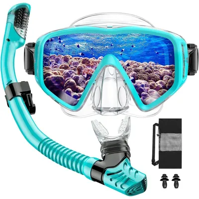 Immagine prodotto di Kit per snorkeling per adulti, completo di maschera e boccaglio secco, antiscivolo e anti-appannamento, vetro temperato, trasparente/verde acqua