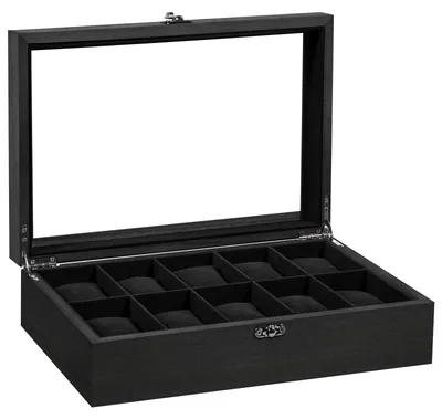 Immagine prodotto di Portaorologi scatola per orologi - 10 scomparti - Legno - Coperchio in vetro - Nero
