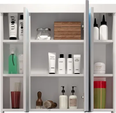A white bathroom cabinet with various toiletries and accessories displayed on its shelves.