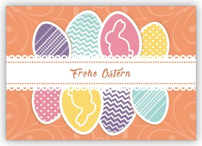 Produktbild von 4x Klassische schöne Osterkarte mit bunten Ostereiern und Osterhase: Frohe Ostern