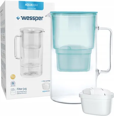 Zdjęcie produktu dla Dzbanek filtrujący Wessper AquaMax Crystalline Glass o pojemności  3l w kolorze miętowym, 1 filtr do wody, redukuje powstawanie kamienia i chloru