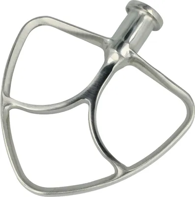 A silver-colored mixer attachment on a white background.