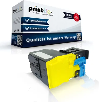 A product shot of a yellow toner cartridge next to its packaging.