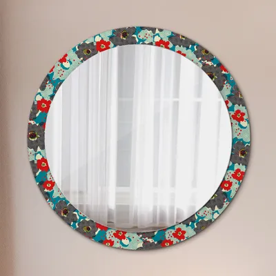 Produktbild von Dekospiegel – Hängespiegel Wandspiegel Spiegel mit Aufdruck – Spiegel – Schlafzimmer - Retro Blumen Muster - Rund: Ø90cm