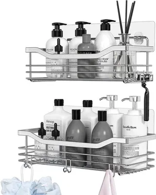 Productafbeelding van Unyqoos® RVS doucheplank, zelfklevend, set van 2 – ruimtebesparende douchemanden met 5 haken, afmetingen 26,8 x 9,6 x 7,9 cm en 28 x 11,6 x 7,9 cm, draagvermogen 30 pond