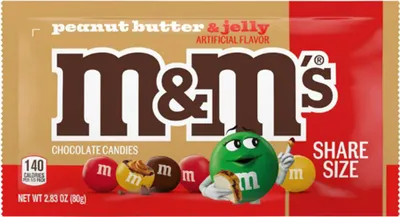 A bag of M&M's Peanut Butter and Jelly Chocolate Candies.