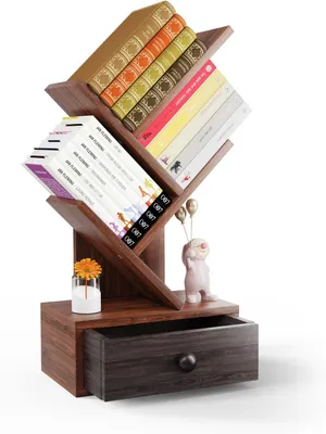Produktbild von GOPLUS Bücherregal in Baumform, Standregal mit Schublade, Lagerregal Raumteiler Regal CD und DVD Regal für Wohnzimmer, Büro, Schlafzimmer, 30 x 17,5 x 60cm (Braun)