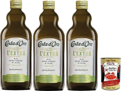 Produktbild von Costa d'Oro Extra, die zusätzliche 1l. Kälte extrahiert extrahiertes Olivenöl extrahiert. Ausgewogener Geschmack, geeignet für alle Rezepte und als Salatgewürz, 3x 1 lt + Italian Gourmet polpa 400g