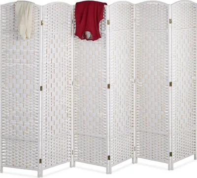Image de Paravent Relaxdays, H x L : 170 x 240 cm, paravent pliable, paravent à 6 panneaux, bois et corde en papier, blanc