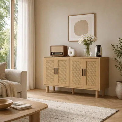 Produktbild von ProximaX Kommode Sideboard 4 Türen Eichenoptik 140x40x80 cm mit PVC Rattan Muster Metallgriffe