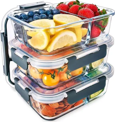 Produktbild von Glas-Meal-Prep-Behälter-Set mit 3 Behältern und 3 Fächern