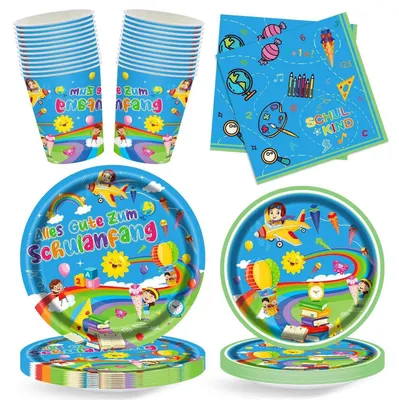 Immagine prodotto di Set di stoviglie per feste, ideali per la festa di inizio scuola, per 24 persone, composto da 96 pezzi: piatti di carta, bicchieri e tovaglioli, realizzati con materiali biodegradabili