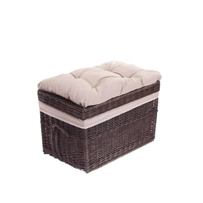 Productafbeelding van Wasmand/opbergkist voor wasgoed, donkerbruin, met decoratieve details en kussen, 70x43 cm, hoogte 44 cm