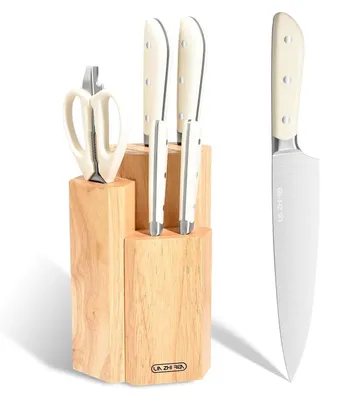 Immagine prodotto di Set di coltelli da cucina da 7 pezzi con base, in acciaio inossidabile, con lama full-tang, composto da: coltello da chef, coltello santoku, coltello da pane, forbici da cucina. Colore: bianco